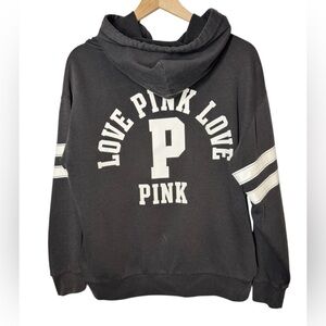 Victoria Secret PINK Hoodie Full Zip Dog Logo Sporty Black White Sz M